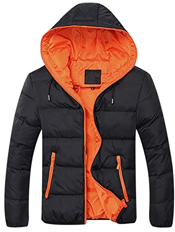 Mens Winter Coat with Hood,Mens Padded Jacket Hooded Heavyweight Warm Fashion Casual Solid Color Cotton Puffer Jacket Sale Clearance UK Size 10-20
