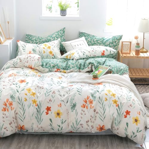 KEAYOO Ropa de cama de 135 x 200 cm, con cremallera, funda de almohada de 80 x 80 cm, color verde y blanco, de algodón para verano hasta invierno (135 x 200 cm, flores A)