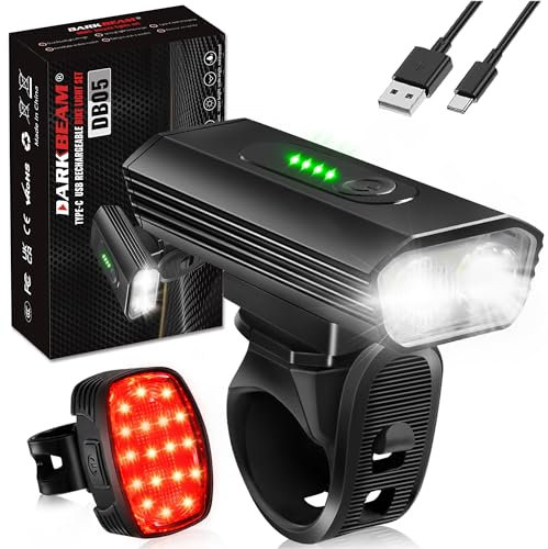 DARKBEAM Super Bright Bike Light Kit, Powerful Bicycle Lights 4000LM Ultra Bright Rechargeable USB-C, 2 LED Front Headlight and 18-LED BackTaillight Waterproof, 6+5 Modes Mountain Road Bicycle Light