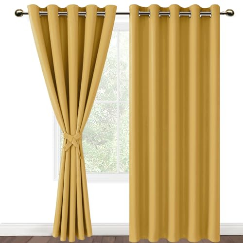 DWCN Blackout Curtains with Tiebacks for Bedroom Thermal Insulated Solid Eyelet Curtains for Living Room,2 Panels,66 Wide x 90 Drop Yellow