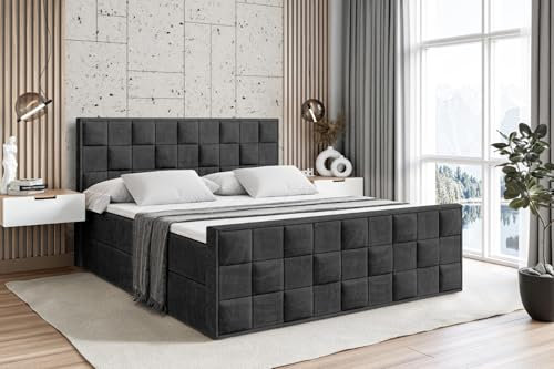 ALTDECOR Boxspringbett mit Matratze und Lattenrost, Boxbett, Fußteil, Topper, Polsterbett mit Bettkasten, Bett mit Stauraum H3-Matratze, Doppelbett, Springboxbett -Zafira - 180x200 - Schwarz Samt