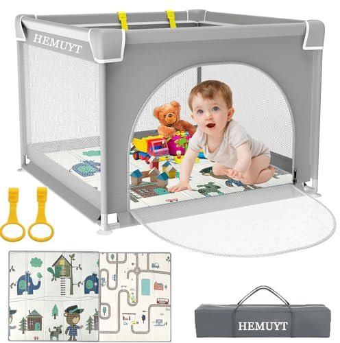 HEMUYT Laufstall 90x90cm Mit Matratze, Playpen Mit Reißverschlusstür, Atmungsaktivem Netz an Vier Seiten, Rutschfeste Basis, Faltbar