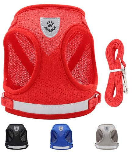 Hundegeschirr und Leine Set, Weich Mesh Gepolstert Geschirr, Air-Mesh Atmungsaktive Brustgeschirr, Verstellbare No Pull Reflektierend Brustgeschirr für Welpen Mittlere Klein Hunde
