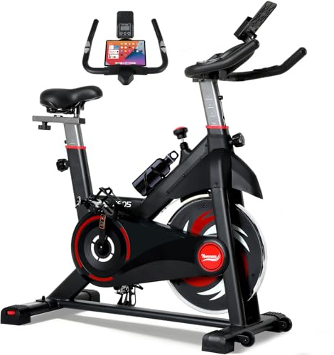 NOVONOVA Bicicleta Estática con Sensor de Pulso, Ajustable Resistencia, Pantalla, Bici Estatica con Volante de Inercia de 11kg, Bicicleta Estatica en Casa con Sillín y Reposabrazos Ajustable
