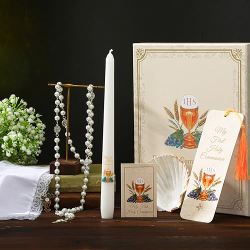 Conelist 7 Pcs First Communion Gift Box Set Catholic Holy 1st Communion Baptism Kit with Candle Rosary Lapel Pin Prayer Card Shell Bookmark Handkerchief for Christian Church Favors(Bread of Life)