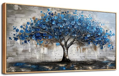 MHARTK66 Cuadros Decoracion Salon Modernos Con Marco Madera, 50x100 cm Grandes Laminas Decorativas Pared Dormitorios, Lienzos Decorativos Pared Arbol De La Vida Azul, Wall Art Comedor Pasillo Baño