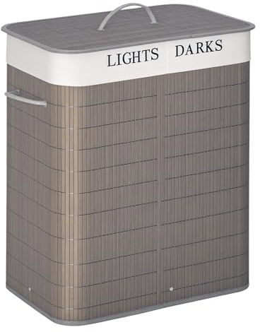 HOMCOM Cesto para Ropa Sucia de Bambú Capacidad de 100L Cesta para la Colada Rectangular con Tapa Extraíble Bolsa de 2 Compartimentos 52x32x63 cm Gris