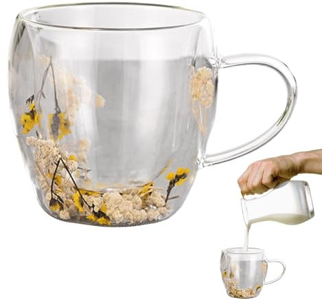 Tasse en verre à double paroi de fleurs séchées, tasses à café à fleurs esthétiques | Tasses à café en verre transparent avec poignée,Tasse transparente en forme de au lait avec poignées pour la maiso