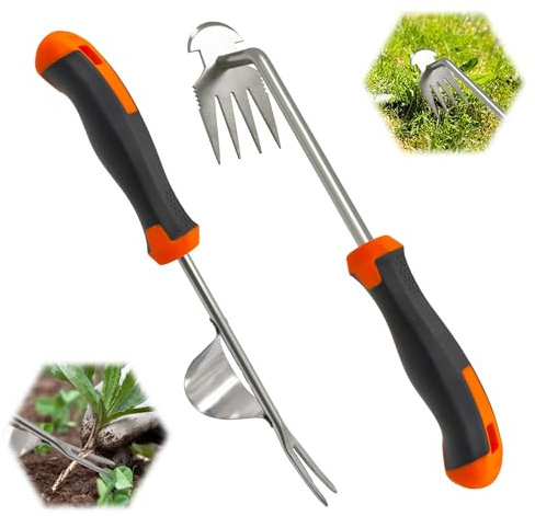 TINA Désherbeur Manuel en Acier Inoxydable 2 Pièces Arrache Mauvaise Herbe Outil de Désherbage Manuel avec Poignée en Caoutchouc Outils Jardinage pour Creuser Désherber Ameublir
