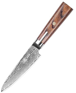 MITSUMOTO SAKARI 12 cm Coltello da Sbuccio Giapponese, Coltellino da Cucina Forgiato a Mano, Coltello da Chef in Acciaio Damasco S301 in Polvere (Coltello per Frutta per Tagli Precisi)