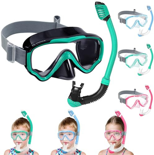 Vvinca Schnorchelset Kinder ab 4-14 Jahre Taucherbrille mit Schnorchel Tauchset Mädchen Jungs 180°Anti-Fog Anti-Leck Verstellbare Elastische Schwimmbrille Schnorchelmaske Dry Schnorchel Schwarz Grün