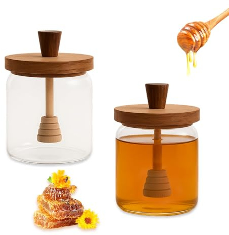 LERANXIN 2 Stück Honigspender,Honigglas,Honigtopf,Honigglas aus Akazienholz mit Deckel,Löffel & Deckel aus einem Stück,Versiegelter Glasbehälter,Weithals-Honigvorratsglas,für Bienen,Marmeladen,Sirupe