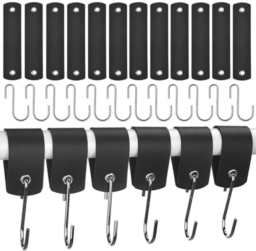 GGXZHT Kleiderhaken Garderoben，S Haken mit Lederschlaufe 12 Stück，13.*3cm Haken zum EinhängenMetall,für GarderobeKüche kleiderstange Badezimmer Camping..（Schwarz ）