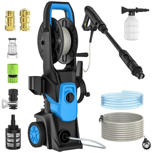 High Pressure Washer, 150Bar Powerful Electric Pressure Washer, Power 1500 W, Flow Rate 420 l/h, 0-160° Swivel Nozzle, 10M Hose, Hose Reels, Jet Washer Pressure Washers for Car, Home (Blue)
