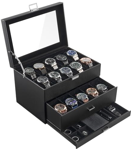ProCase Boite a Montre Homme à 20 Emplacements, Coffret Montre en PU Cuir à 3 Niveaux, Range avec Tiroir -Tout Noir