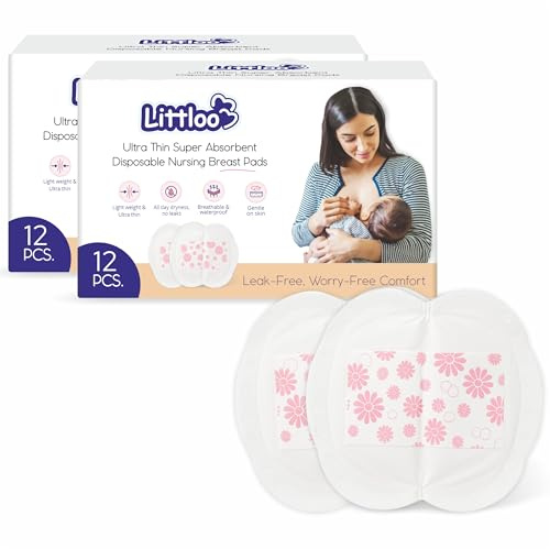 Littloo Ultra Thin Disposable Nursing Breast Pads - 12 Count (Pack of 2) | Super Absorbent, Individually Wrapped, Leak-Proof & Soft | Lightweight, Waterproof & Breathable