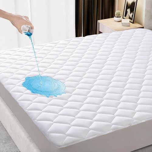 Waterproof King Mattress Protector 150x200cm, Noiseless King Size Mattress Pad with Deep Pocket Fitted Up to 8-21 inches, Soft & Breathable Bed Mattress Cover Washable for Home, Bedroom, Hotel (White)