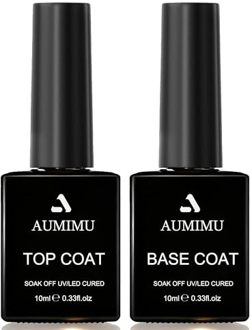 AUMIMU Gel Nail Polish,TOP COAT & BASE COAT GEL POLISH 10ML X2,No Wipe Glossy Shine No-Wipe TopCoat, Long Lasting BaseCoat UV/LED Soak Off GelNailPolish For Home DIY and Nail Salon