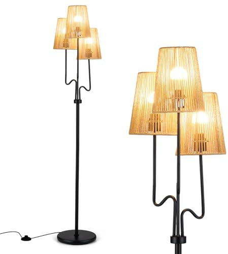 COSTWAY 3-Light Floor Lamp, Standing Corner Lamp with 3 Boho Paper Woven Lampshades, 3 E27 Sockets & Foot Switch, 175cm Tall Reading Floor Light for Living Room Bedroom Office, Bulbs Not Included