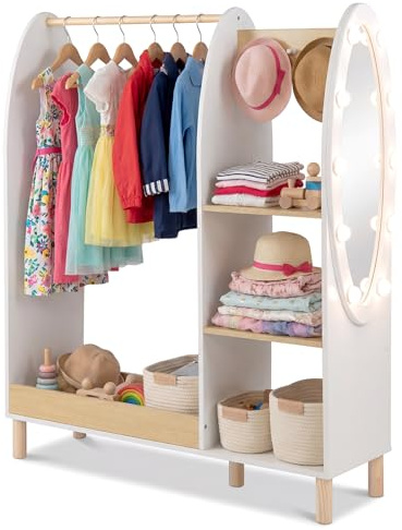 COSTWAY Guardaroba per Bambini, Armadio Gioco con Specchio e Luci, Guardaroba Aperto con Ripiani e Ganci, Organizer per Stanza e Camera da Letto, 91x28x110 cm