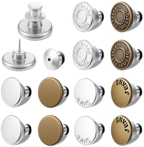 GEEHUA 12Sets Jeans Buttons, No Sew & No Tools Instant Metal Buttons Pins | Reusable and Adjustable Metal Pant Button Tightener for Waist Removable Button for Pants with Threads Rivets