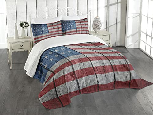 ABAKUHAUS Vereinigte Staaten von Amerika Tagesdecke Set, Getragen Stil amerikanische Flagge, Set mit Kissenbezügen Maschienenwaschbar, für Doppelbetten 264 x 220 cm, Hellgrau Blau Rot