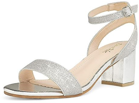 DREAM PAIRS Women's Sandals Open Toe Ankle Strap Low Block Chunky Heels Sandals Party Dress Pumps Shoes Carnival,Size 5.5,Silver/Glitter,Carnival