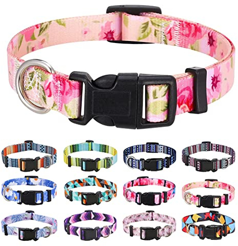 Mihqy Dog Collar for Medium Dogs, Fashion Design, Pink Rose,M | Neck Fit 12.9-21.6, Multiple Patterns,4 Sizes for Small Medium Large Dogs, Comfortable for Walks and Outdoor Hikes