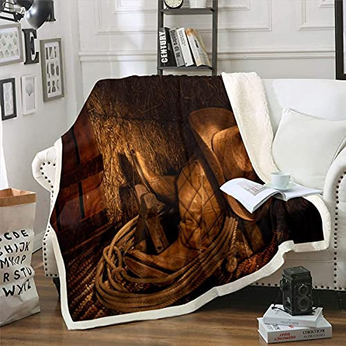 Loussiesd Vintage Western Decke Wild Western Cowboy Flanell Fleecedecke für Kinder Jungen Mädchen Teens Cowboyhut Wohndecke 75x100cm Old Ranching Rope Kuscheldecke Bettsofa Fuzzy Blanket