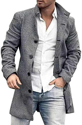 L9WEI Abrigo corto para hombre, invierno, hombre, delgado, elegante trench, abrigo para hombre, chaqueta de invierno, cuello alto, abrigo de invierno, gris, M