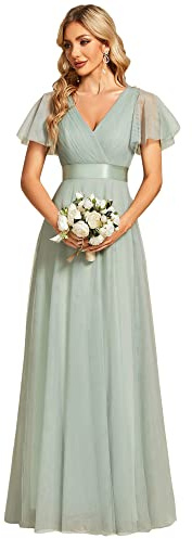 Ever-Pretty Robe de Demoiselle d'honneur Soirée Bal Col en V Manches Courtes A-Line Taille Empire Longue Tulle Femme 07962