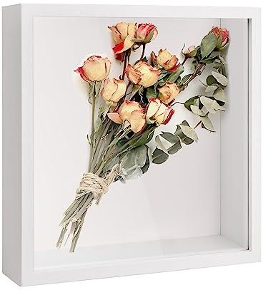Daelesr Cornice 3D Profonda per Oggetti, Cornice Portafoto 3D con Foglio Acrilico Trasparente, 3D Ombra Profonda Box, Cornice Contenitore per Medaglia Fiore Regali Souvenir (27x27cm, Bianco)