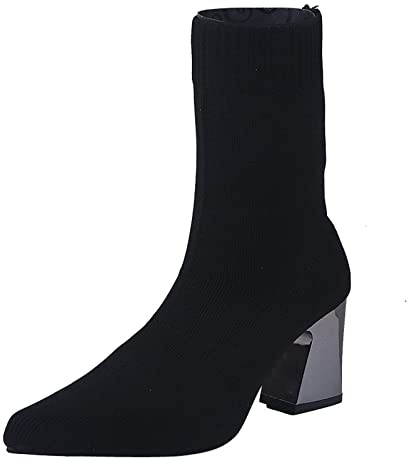 IQYU Stivaletti da donna in tessuto elasticizzato con tacco alto stivali a punta punta scarpe slip on moda tinta unita stivaletti da donna medio casual comfort caviglia stivaletti da passeggio casual