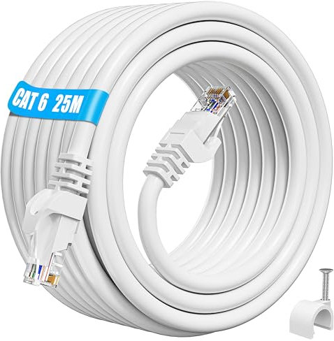 ikbc LAN Kabel 25 Meter, Cat 6 Netzwerkkabel 25m Hochgeschwindigkeits Ethernet Kabel Outdoor Indoor, 23AWG Gigabit Wlan Kabel RJ45 UTP 250MHZ Wasserdicht Patchkabel für Router PS4/5 Modem (25 Clips)