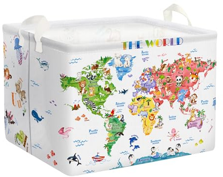 Clastyle Cartoon Alphabet Animals Kids Toy Storage Basket World Map Clothes Books Cube Bbay Toy Box, 36L