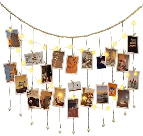Kintyno Hängande fotovisning med ljusslingor, träpärlgirlang med 40 träklämmor, boho collage fotobild för klassrum, sovrum, kontorsväggdekor