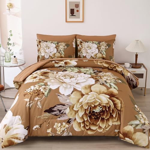 Dintszyayue Floral Comforter Set King Size 7 Picecs Brown Flower Bed in a Bag, Soft Lightweight Bed Comforter Set for All Season with Flat Sheet, Fitted Sheet, Pillowcases & Shams