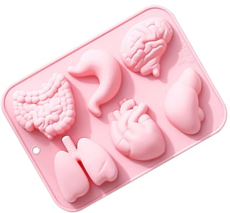 Fizepgo Forme a forma di organo, in silicone – cuore cervello, stomaco, fegato, intestino, polmone, stampo per fondente di Halloween, con 6 cavità per torte, cioccolato, caramelle, dessert, budino