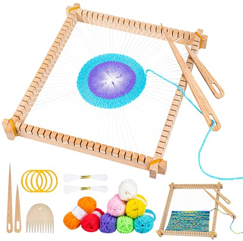 Homewit Wooden Weaving Loom Kit, 26x28cm Wooden Multi-Craft Weaving Loom Adjustable Hand-Knit Machine, Loom Set with Yarns,Rods,Combs and Shuttles, Suitable for Beginner & Kids