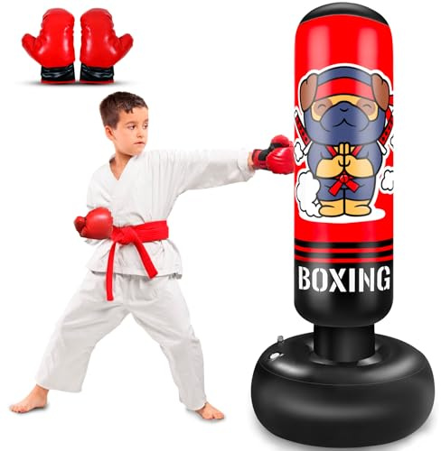 Inflatable Punching Bag for Kids, 165CM kids Punching Bag with Gloves for Boys & Girls, Kicking Bag Boxing Set for Practicing Karate, Taekwondo, MMA (Ninja Dog)