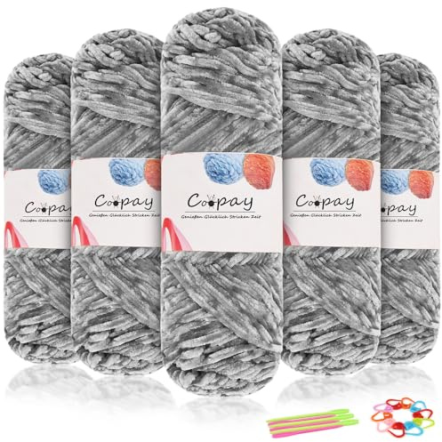 Coopay Lana Chenille Vellutata, 500g (5 x 100g), Gomitolo di Lana da Tricottare Morbido, Spessore di 3mm, Filato Chenille Super Morbido per Uncinetto, Maglia, Sciarpa, Coperta, Calze - Grigio Chiaro