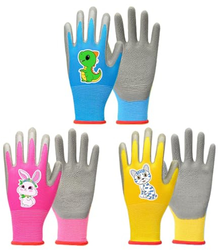 EIYVPRA 3 Paia Guanti da Giardinaggio per Bambini da 3 a 6 anni, guanti giardinaggio bambini, Guanti da Giardino per Bambini, Guanti da Lavoro Rivestiti in Gomma per Ragazzi e Ragazze, Diversi Colori