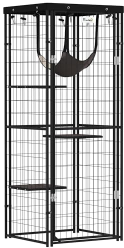 PawHut Jaula para Gatos para Exterior e Interior Recinto para Gatos con Cubierta Impermeable 3 Plataformas Hamaca Cojines y Puerta 61,5x55x157 cm Negro