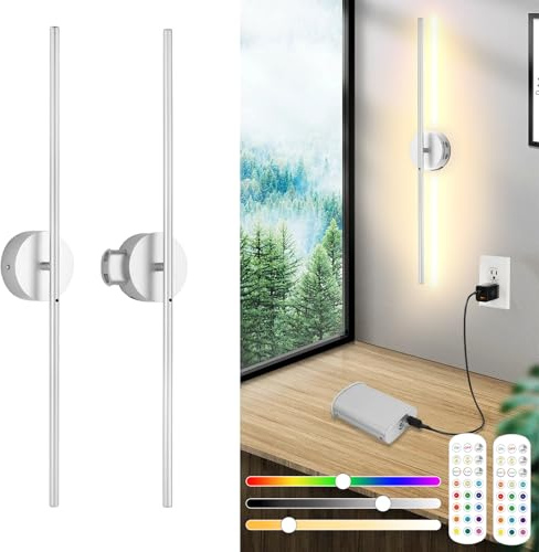 Trådlös Vägglampa Inomhus Med Fjärrkontroll Och Beröringsbrytare, 2 Pack, USB Laddbar Vägglampa, 8000mah Avtagbart Batteri, LED Dimbar, 15 Färger, 360° Rotation, Timer, Nickel, 80CM