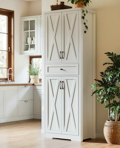 Lyromix 68'' Farmhouse Kitchen Pantry Cabinet with Adjustable Shelves, Tall Storage Cabinet with Barn Doors, Freestanding Versatile Cupboard for Dining Room, White