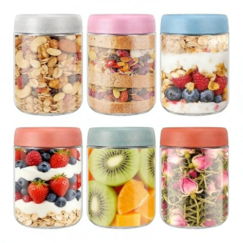 Holtrae 6 Piezas Tarros de Cristal, 500ML Overnight Oats Jar,Frascos Mason Reutilizables con Tornillo de Sellado,Tarros de Comida Preparada,Recipiente de Vidrio para Comida de Bebé,Para yogur,Cereales