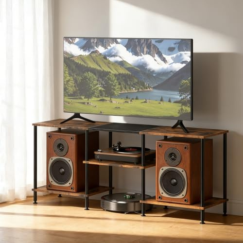 UOMIO Mueble industrial para TV, mesa de televisión 114 x 30 x 49 cm con gran espacio de almacenamiento, gabinete de TV con 3 estantes abiertos, para televisores de hasta 50 pulgadas, estructura de