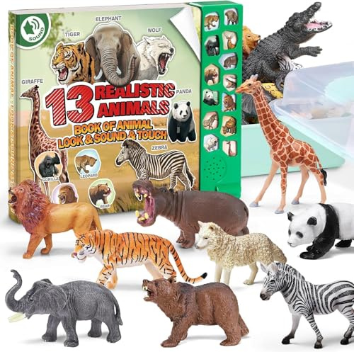 13 Figure Realistiche di Animali Selvatici con Libro Sonoro & Scatola di Conservazione, Figure di Animali Safari in Plastica per Bambini Piccoli, Giocattolo Educativo Modello di Animali dello Zoo, Fav