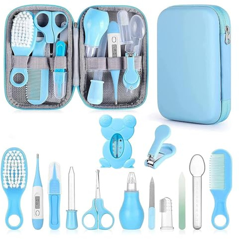 Liemuao Kit Trousse de Toilette Bebe, 13 Accessoires Essentiels Soin de Bébé - Brosse à Cheveux, Thermomètre Digital et de Bain, Coupe-Ongles, Lime, pour Nouveau-Né Fille et Garçon (Bleu)