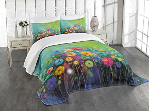 ABAKUHAUS Blume Tagesdecke Set, Bunter Löwenzahn, Set mit Kissenbezügen Romantischer Stil, für Doppelbetten 220 x 220 cm, Lavendel Grün